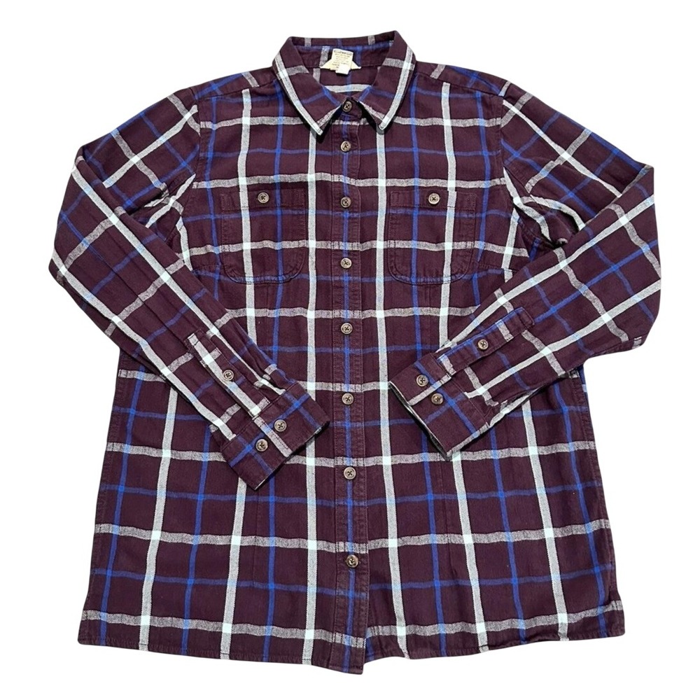 Duluth Trading Co Women's Medium M Plaid Flannel Shirt Long Sleeve Purple Blue